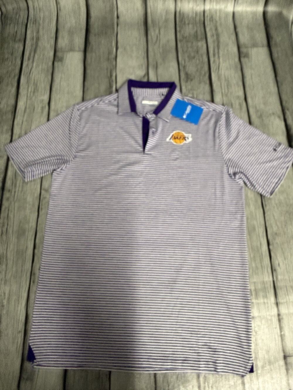 NWT Men’s Columbia Golf Los Angeles Lakers Polo Shirt Purple Striped Sz Medium